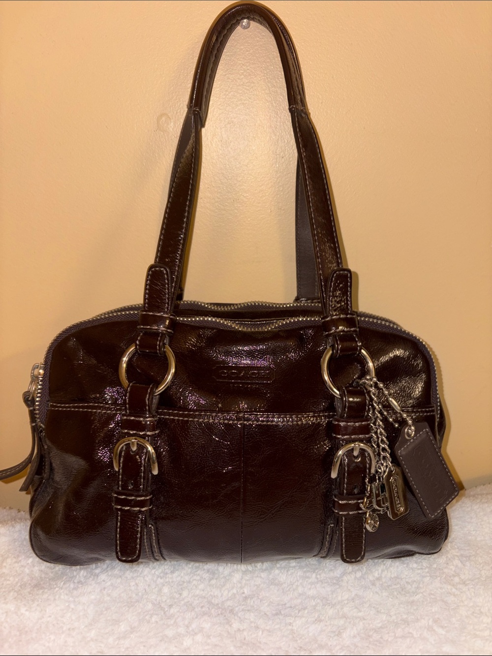 Coach Brown Patent Leather Shoulder Bag with Silver Hardware